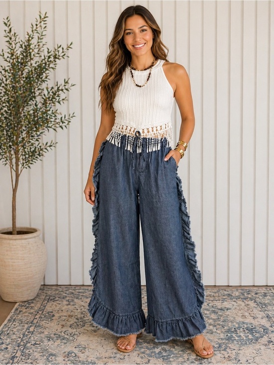 Sage + Fig Denim - Sage & Fig Chambray Wide Leg Pants Ruffle Trim Boho Drawstring Size S, M, L NWT